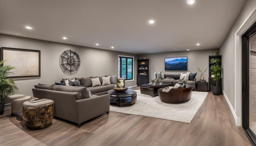 A newly renovated, lowered basement showing increased ceiling height and modern finishes