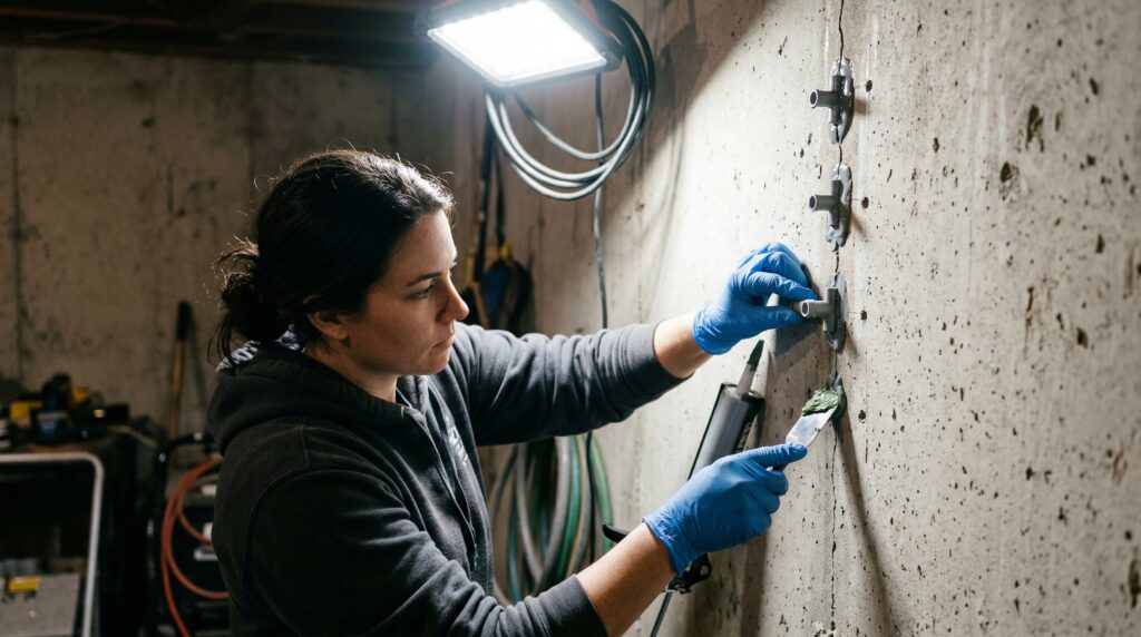 Waterproofing technician installing plastic injection ports along a foundation crack in a Toronto basement