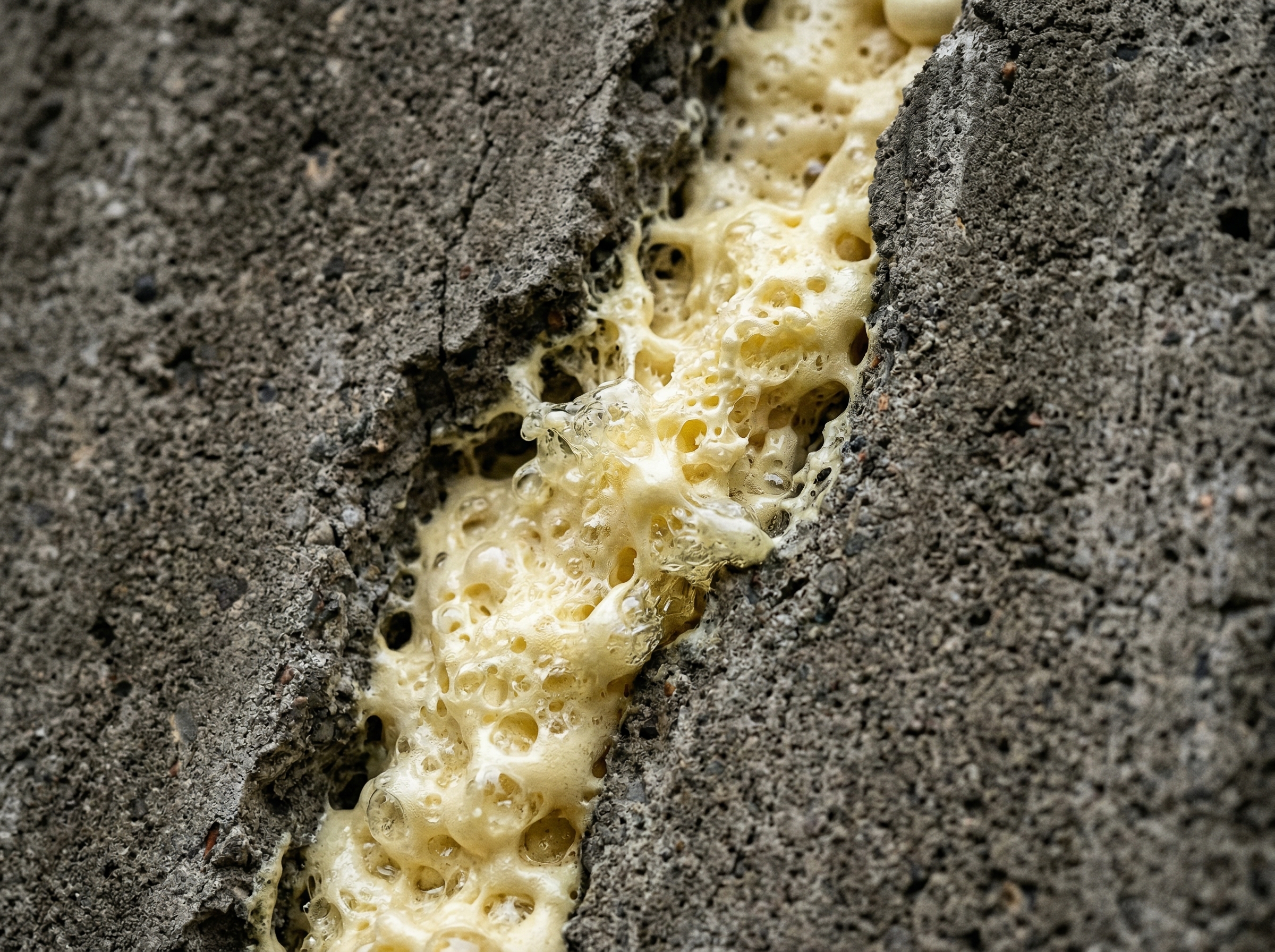 Polyurethane foam expanding inside a foundation crack during cure