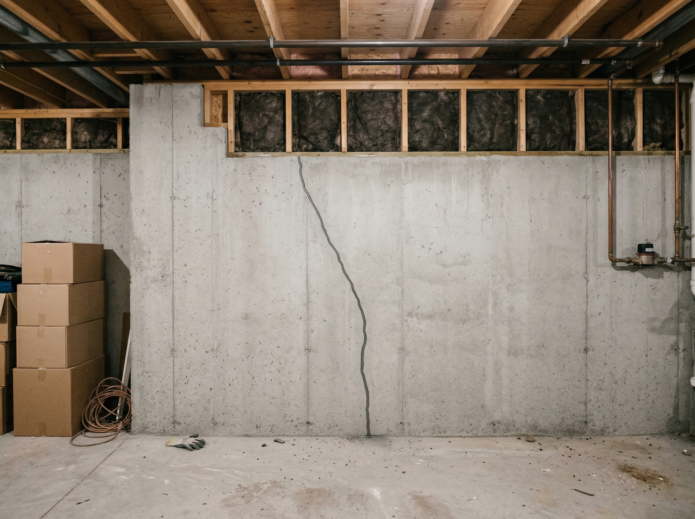 Repaired foundation wall in a Toronto basement showing a sealed crack line