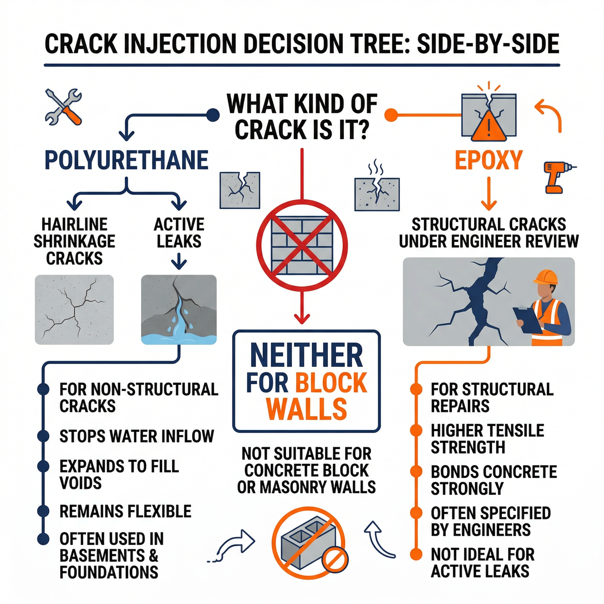 Infographic comparing polyurethane and epoxy foundation crack injection use cases