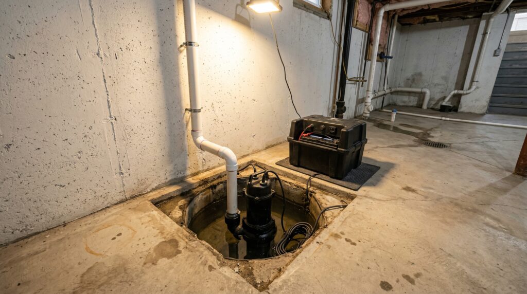 Cast iron submersible sump pump installed in a Toronto basement sump pit with battery backup