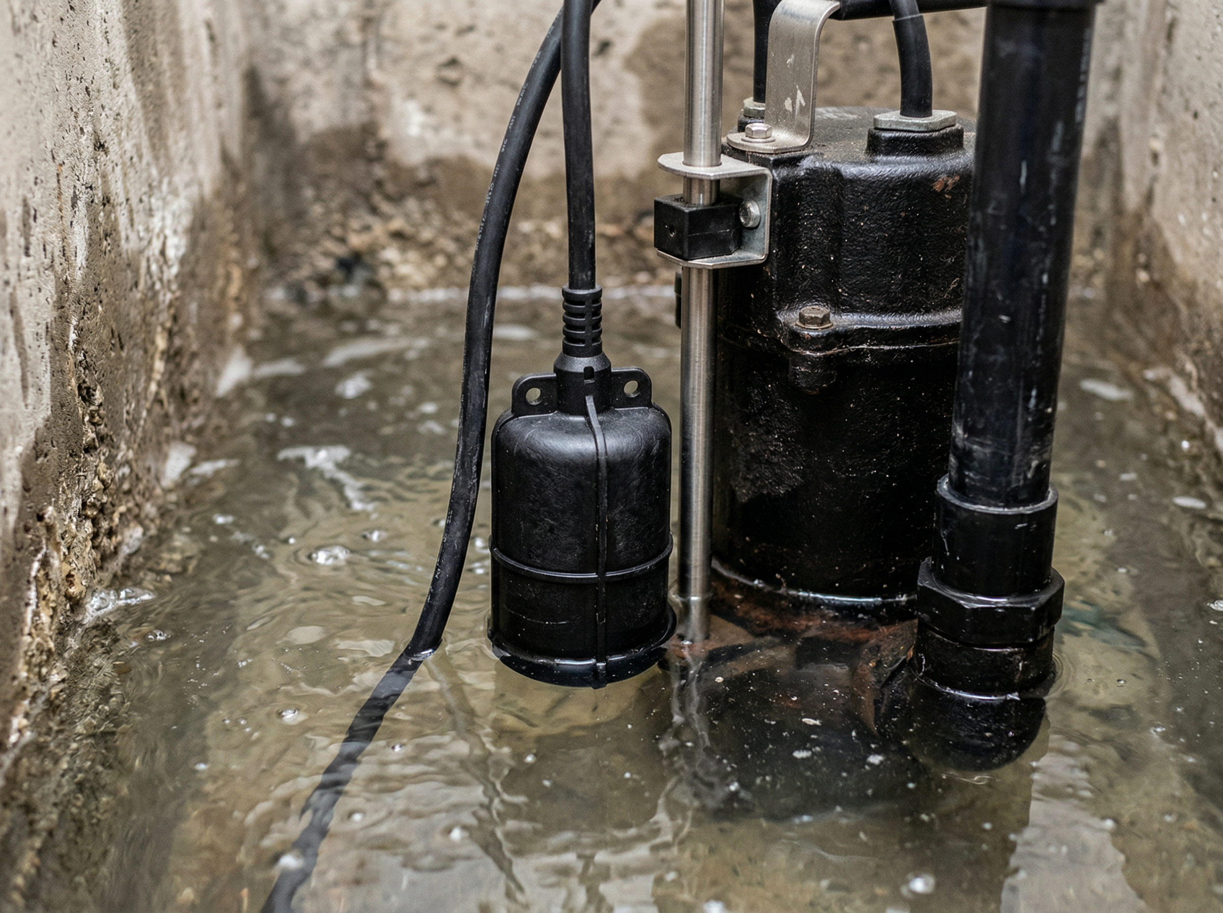 Vertical float switch on a sump pump in a Toronto basement sump pit