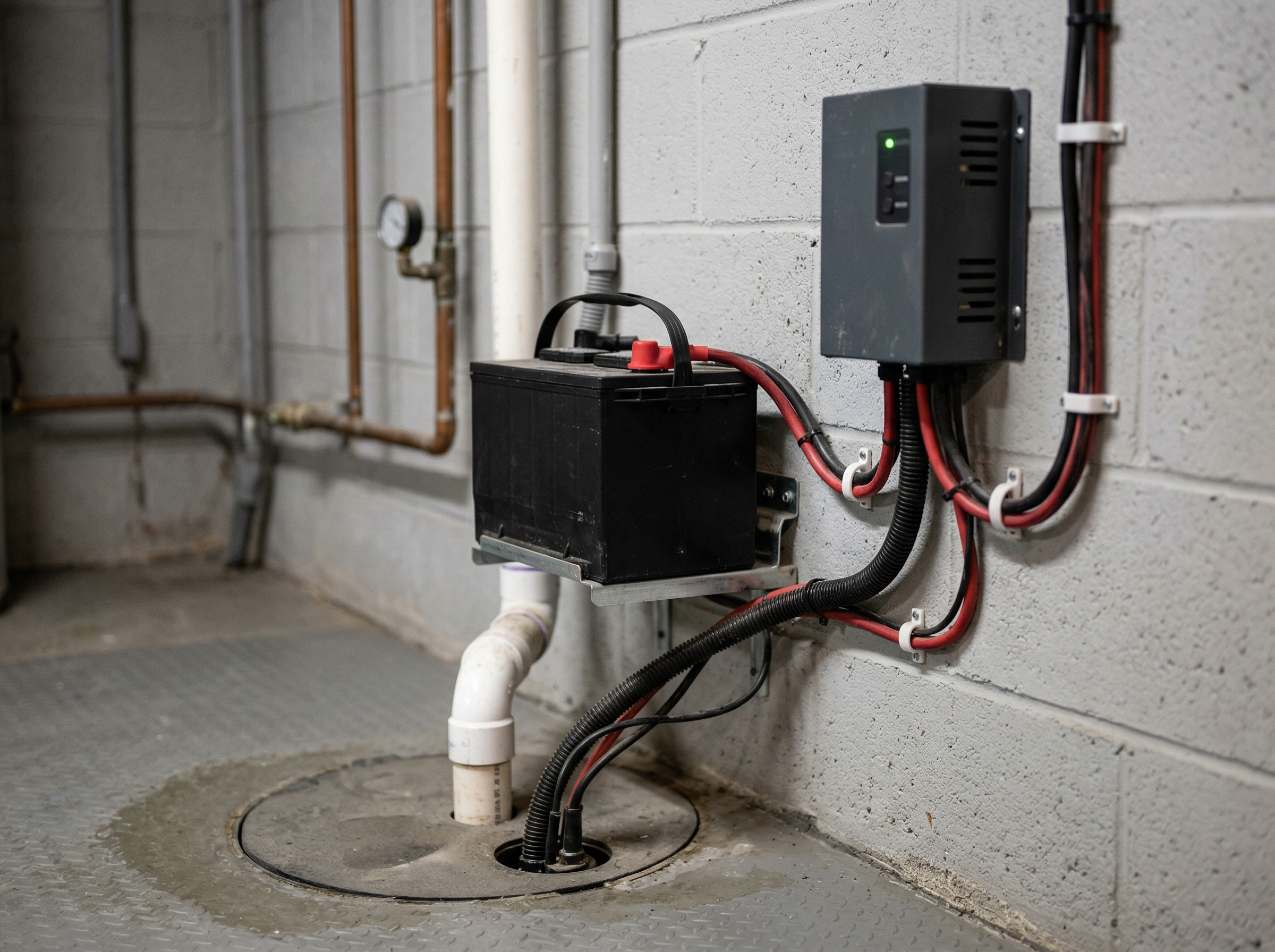 12 volt deep cycle marine battery wired to a backup sump pump charger in a basement