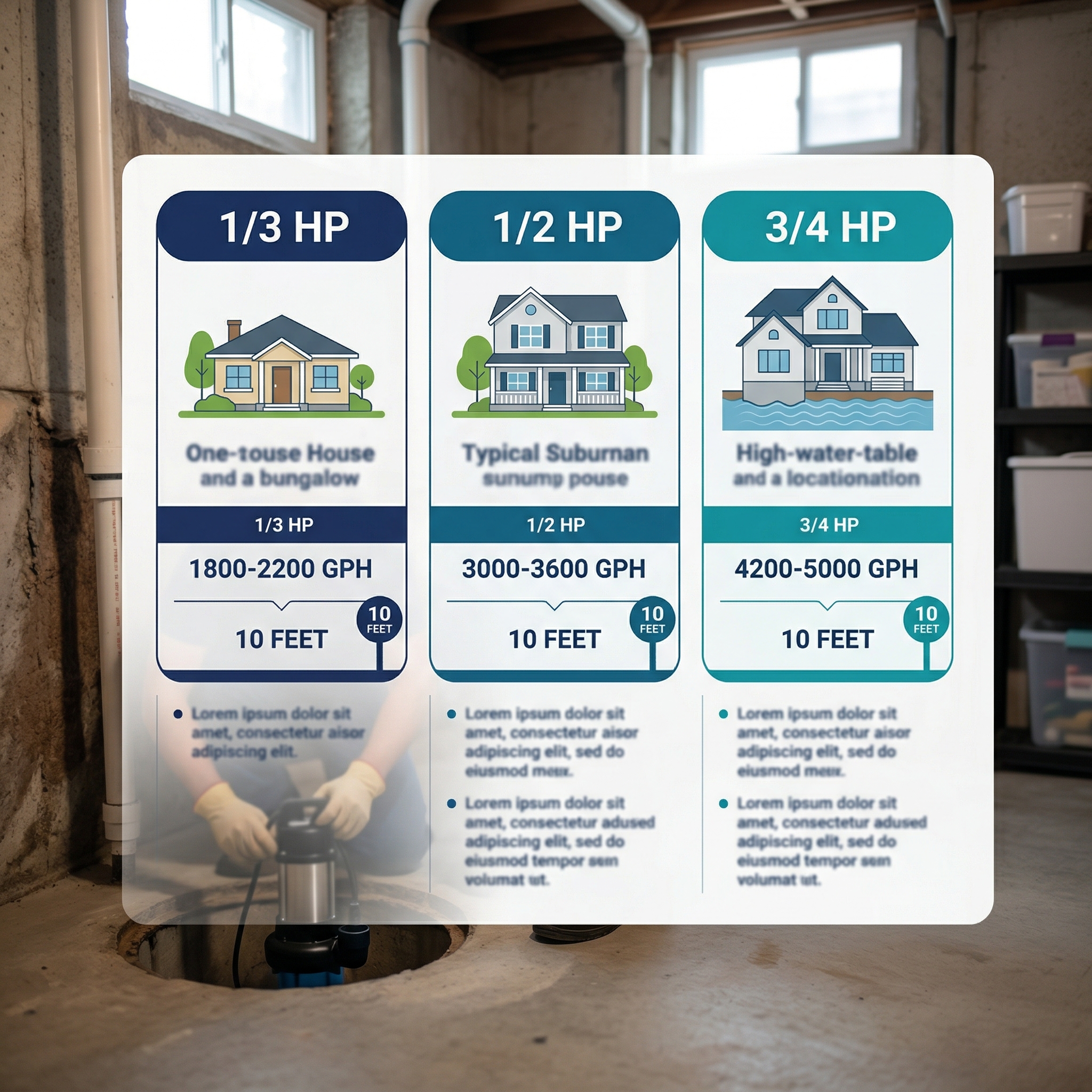 Infographic comparing sump pump horsepower sizing for GTA homes