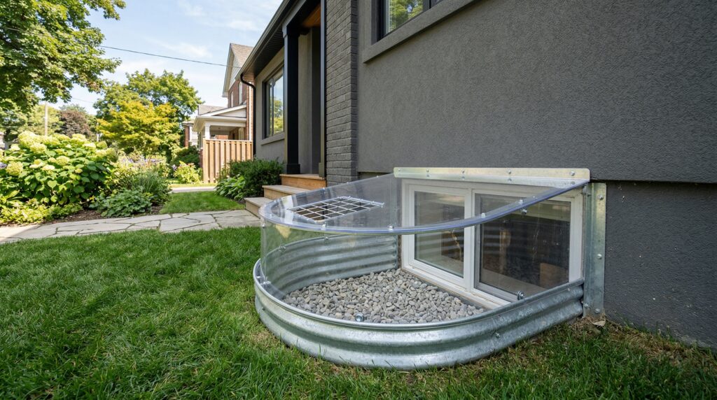 Clean galvanised window well around a basement window on a Toronto home with polycarbonate cover