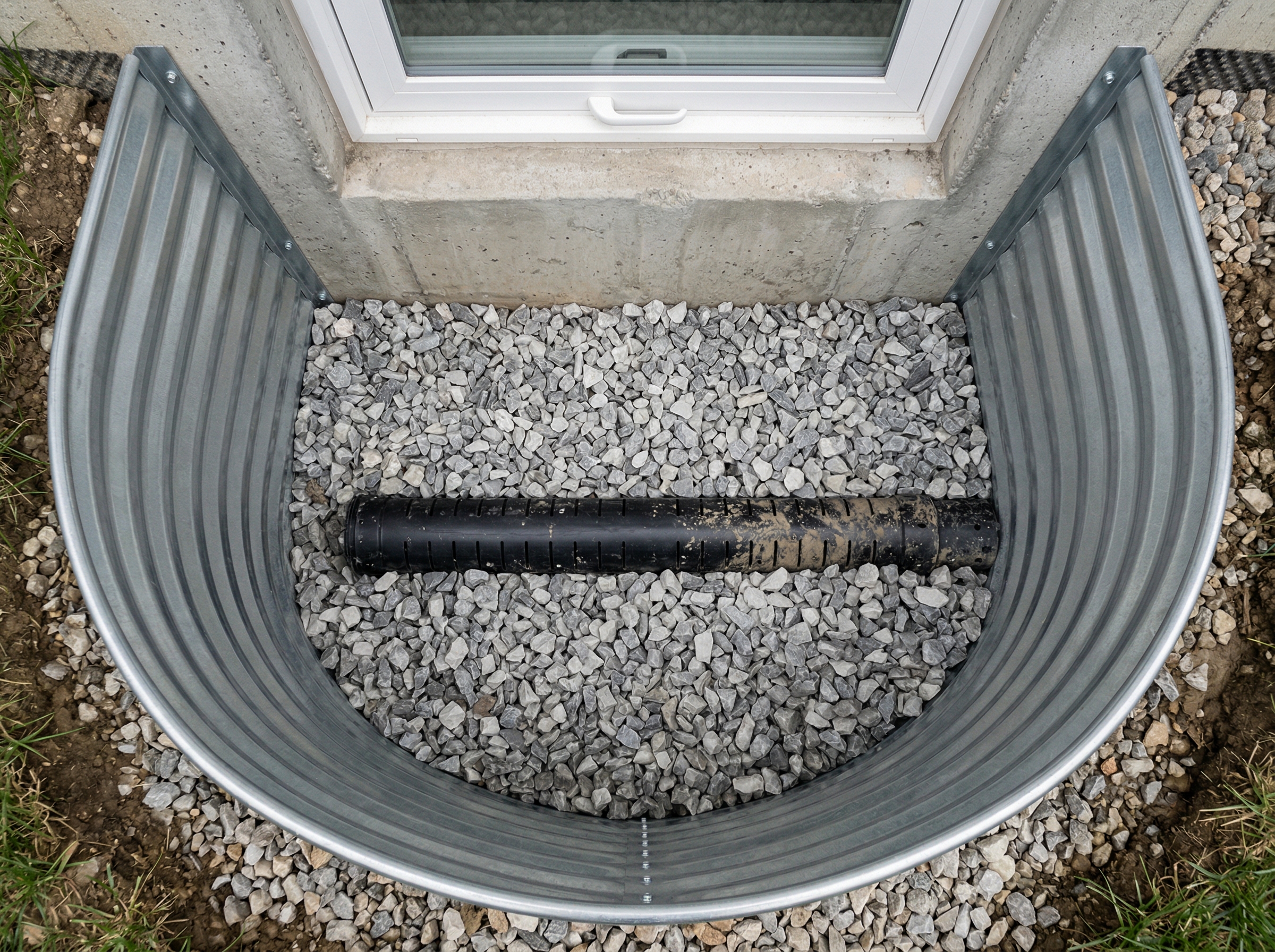 Top-down view inside a window well showing clear stone fill and perforated drain pipe