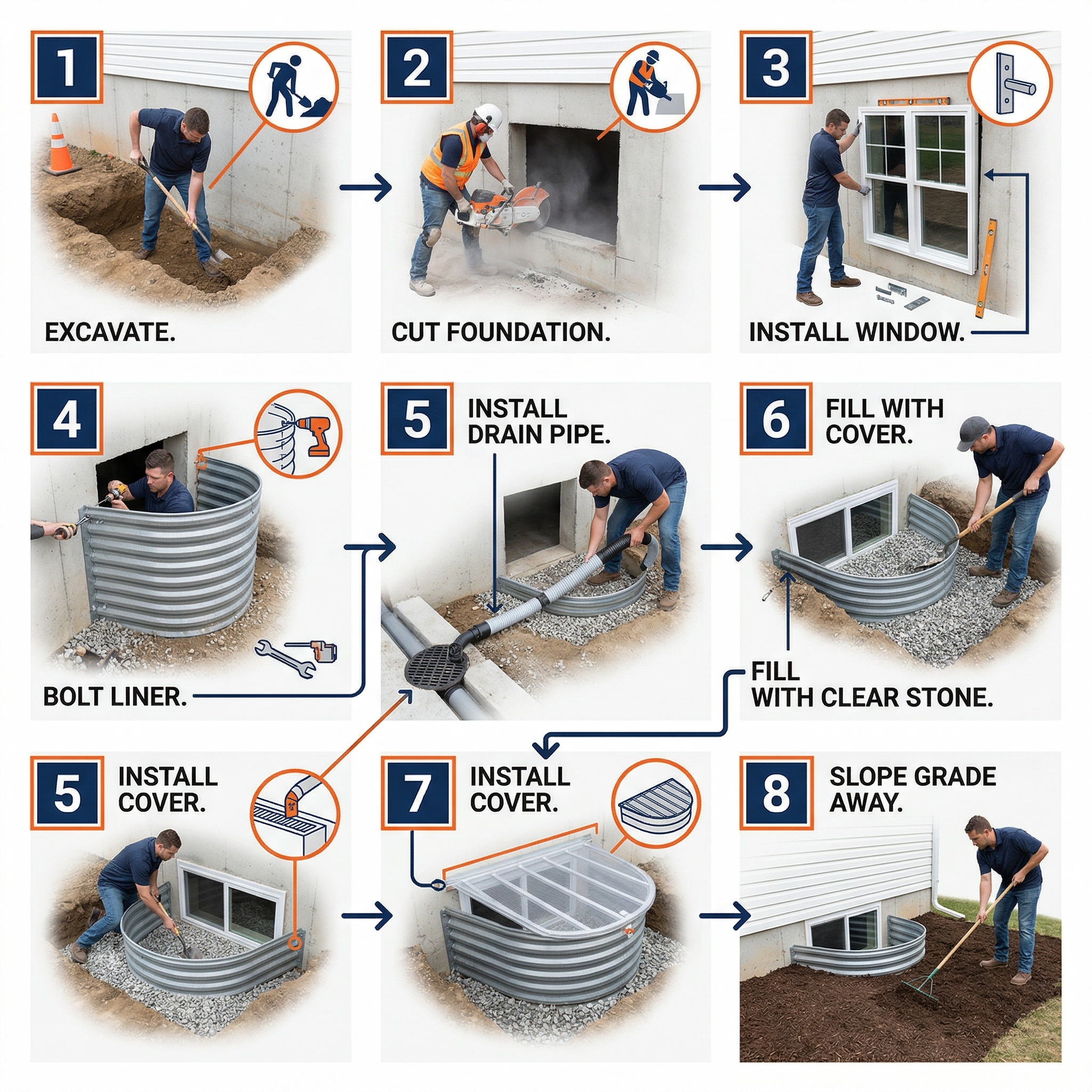 Infographic showing the eight steps of a proper egress window well installation
