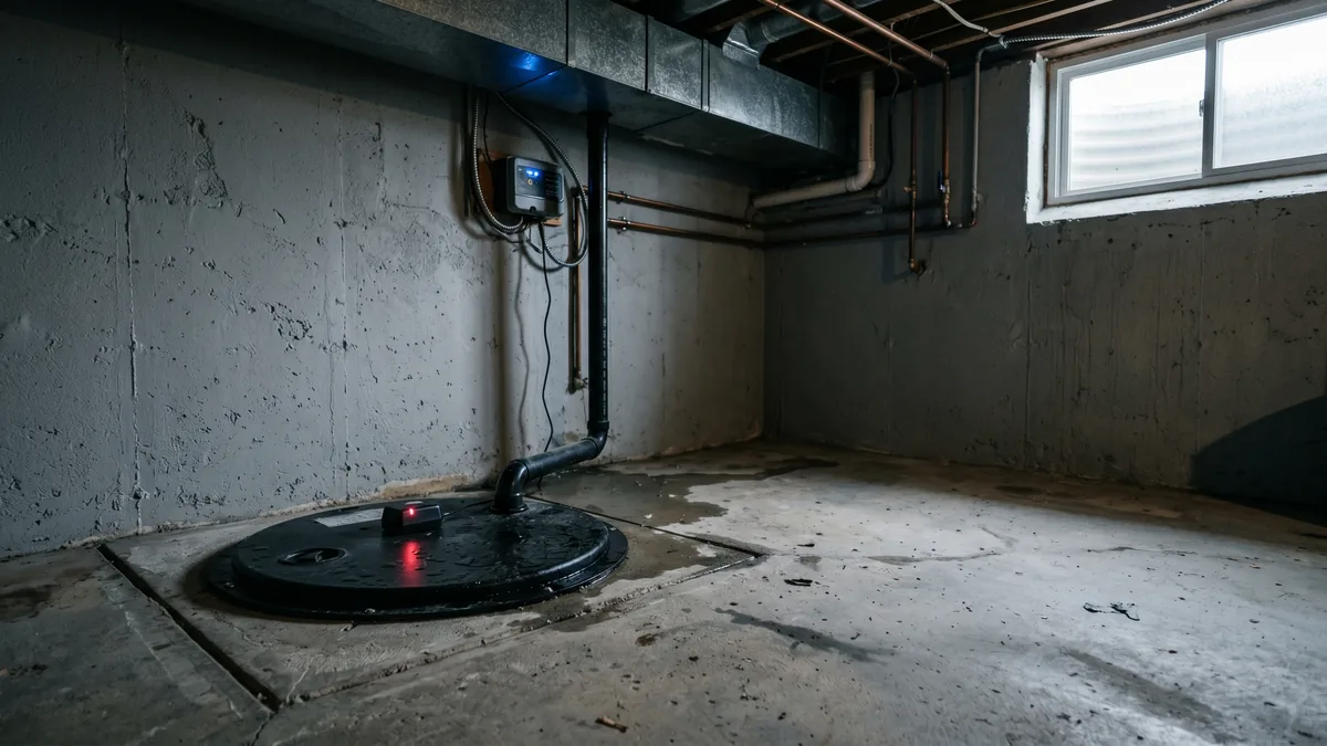 Sump pump alarm going off in a Toronto basement, indicator light blinking red