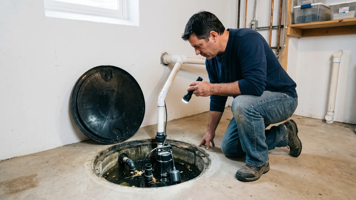 Toronto homeowner checking a sump pump alarm pit with a flashlight