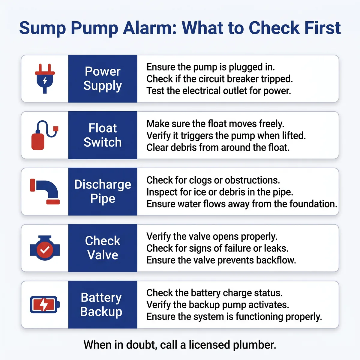 Sump pump alarm troubleshooting checklist infographic for GTA homeowners