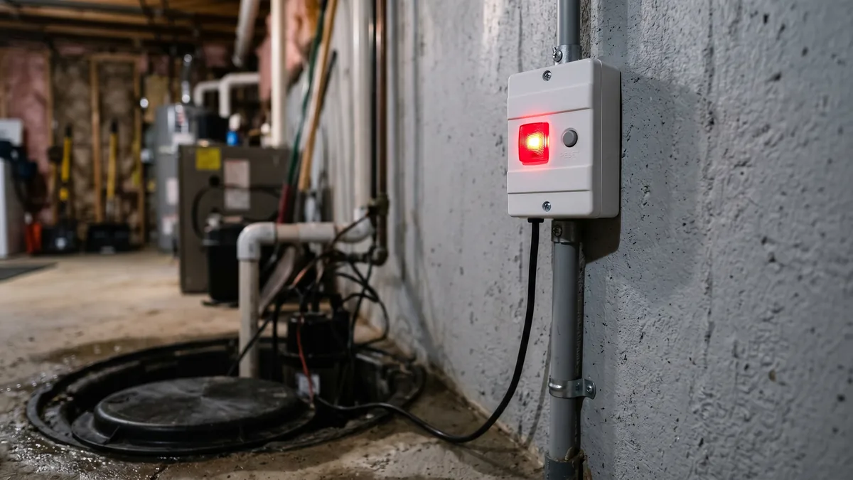 Sump pump alarm panel close-up showing red LED for high water level