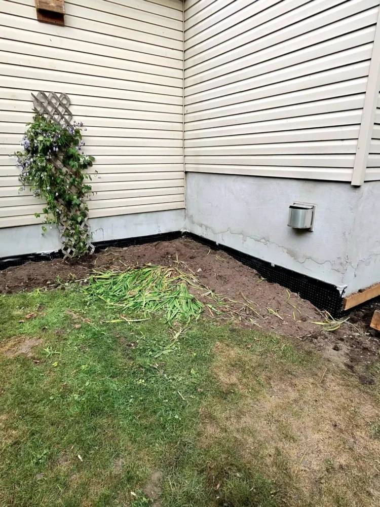 completed dimpled membrane foundation corner backfill innisfil
