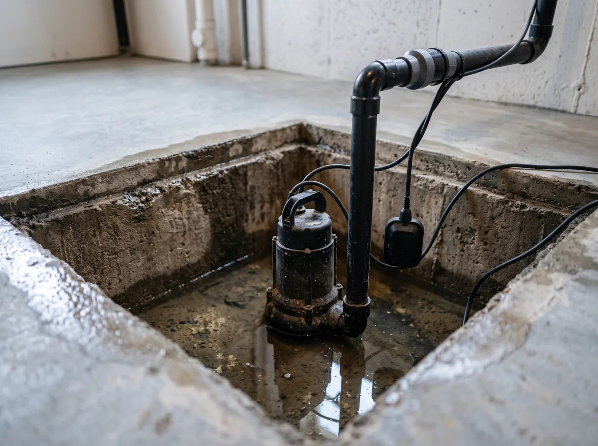Submersible sump pump in a concrete basement pit connected to foundation drainage