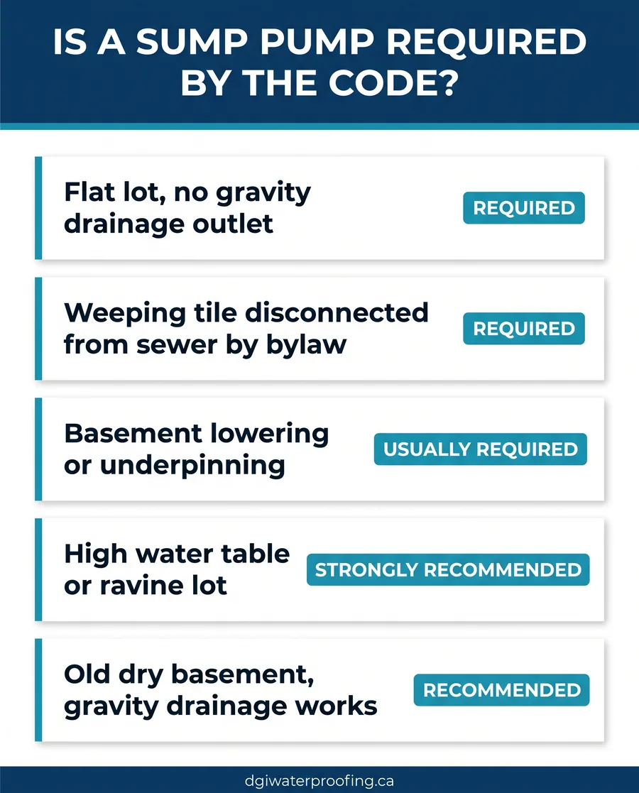 When a sump pump is required versus recommended under the Ontario Building Code for GTA homes