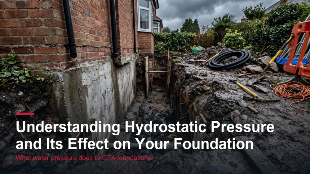 Excavated trench showing a foundation wall under hydrostatic pressure