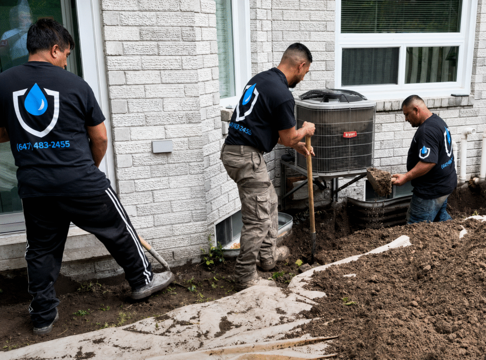 Team members digging and clearing soil around the foundation for exterior waterproofing in Ajax.