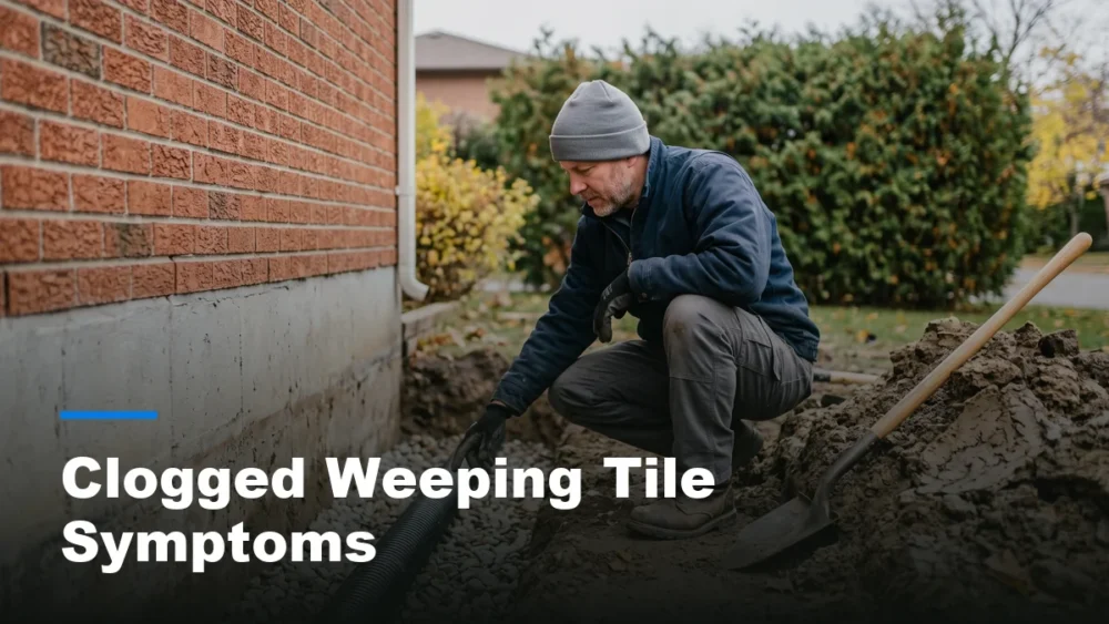 Excavated weeping tile pipe exposed along a foundation footing during a drainage inspection