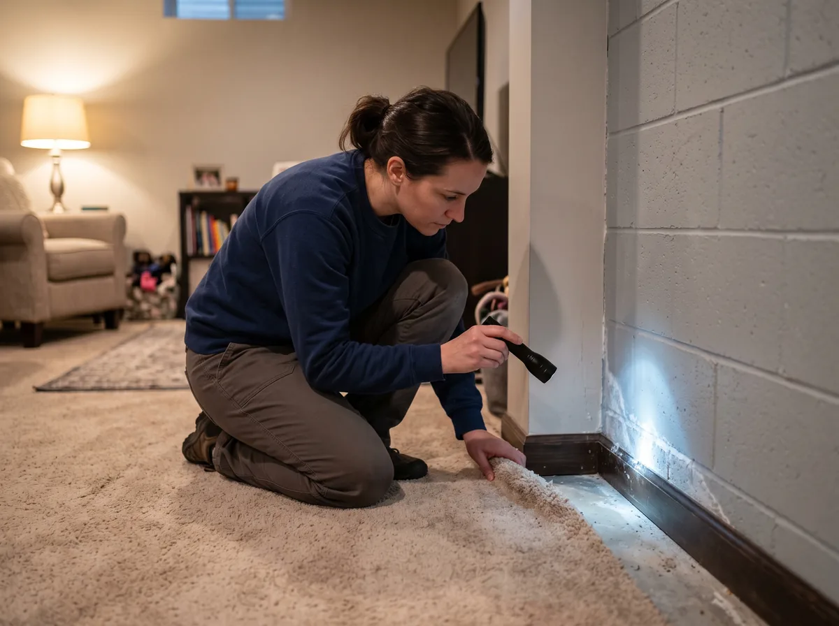 Homeowner examining clogged weeping tile symptoms along a damp basement cove joint with a flashlight