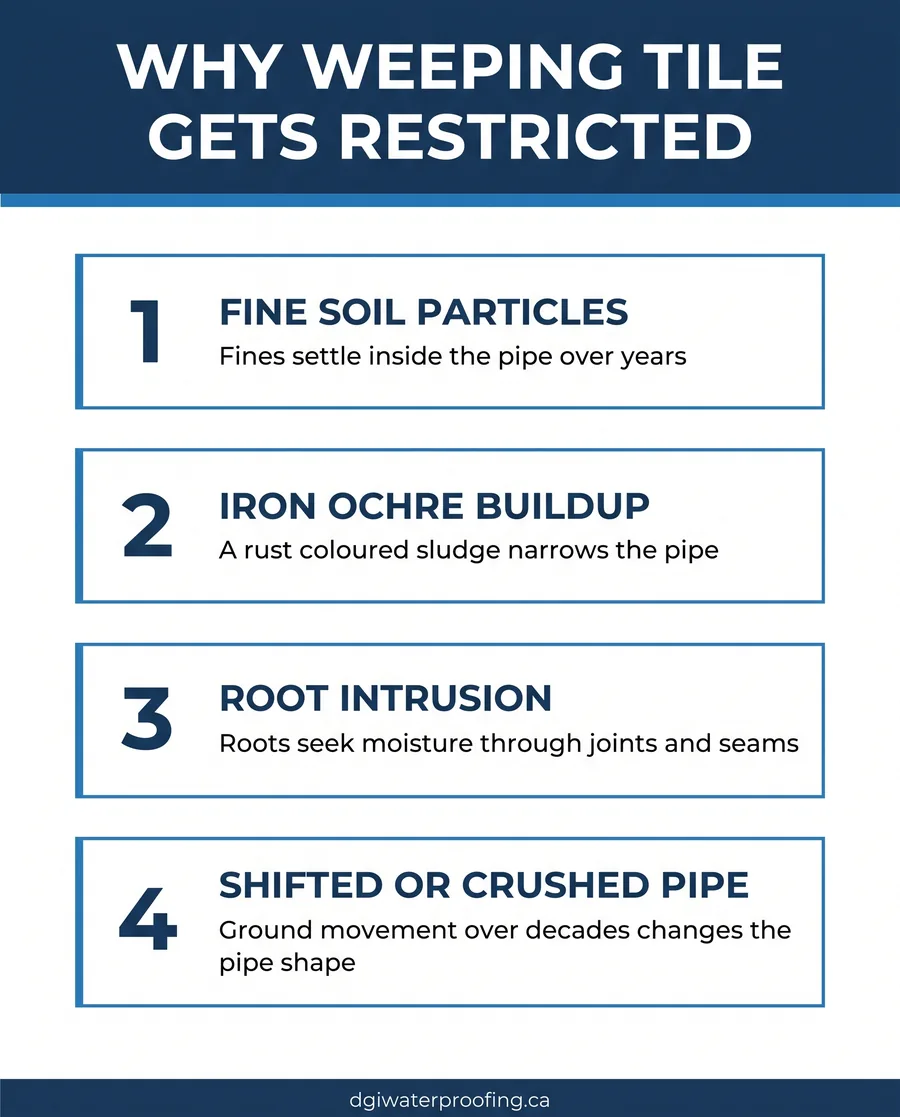 Card diagram of four common reasons a weeping tile pipe becomes restricted around a home's foundation