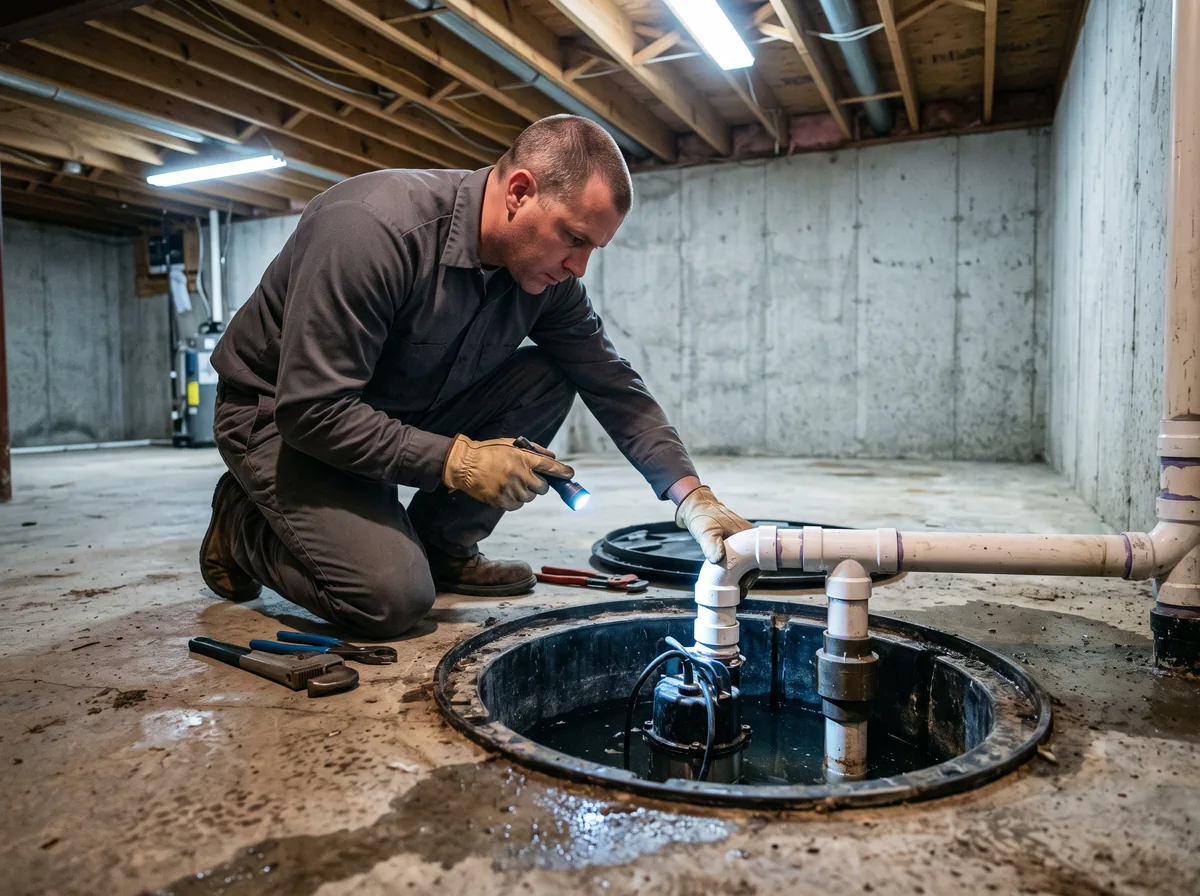 Technician inspecting a sump pit and discharge pipe in a GTA basement for signs of restricted drainage