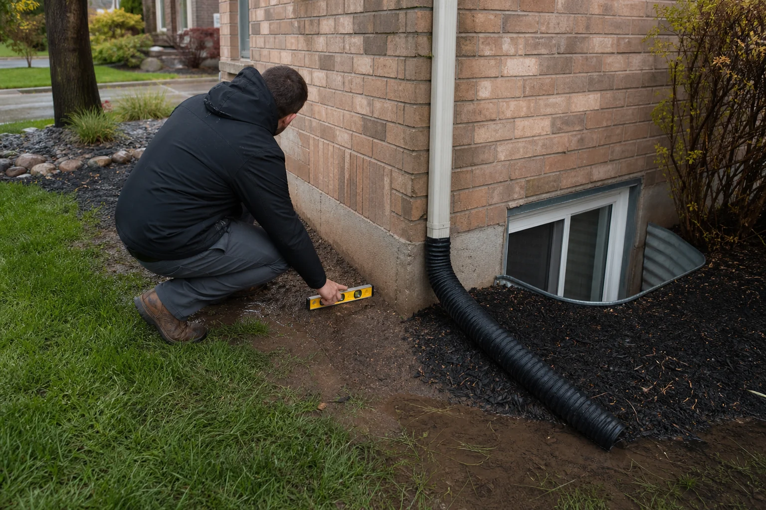Technician inspecting foundation grading, a window well and downspout drainage