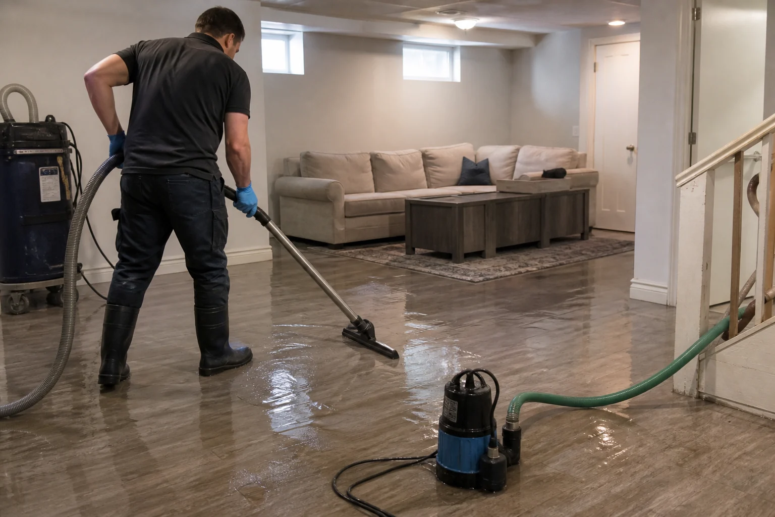 Technician extracting shallow standing water from a finished basement