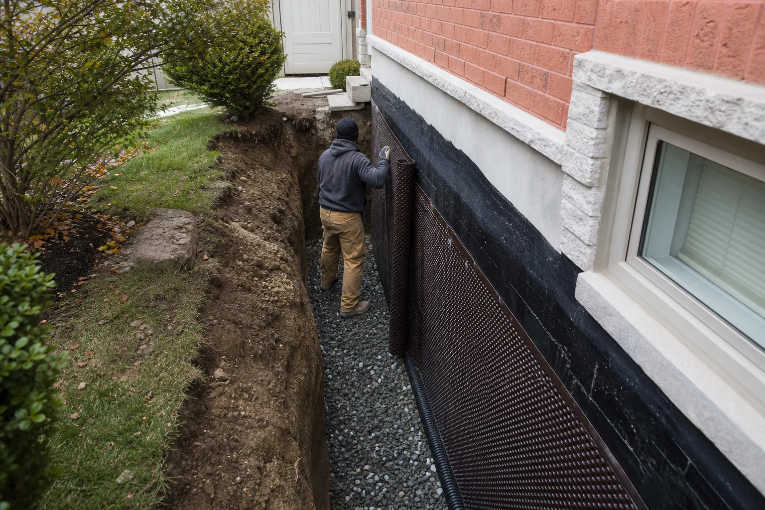 Technician installing exterior foundation waterproofing and drainage