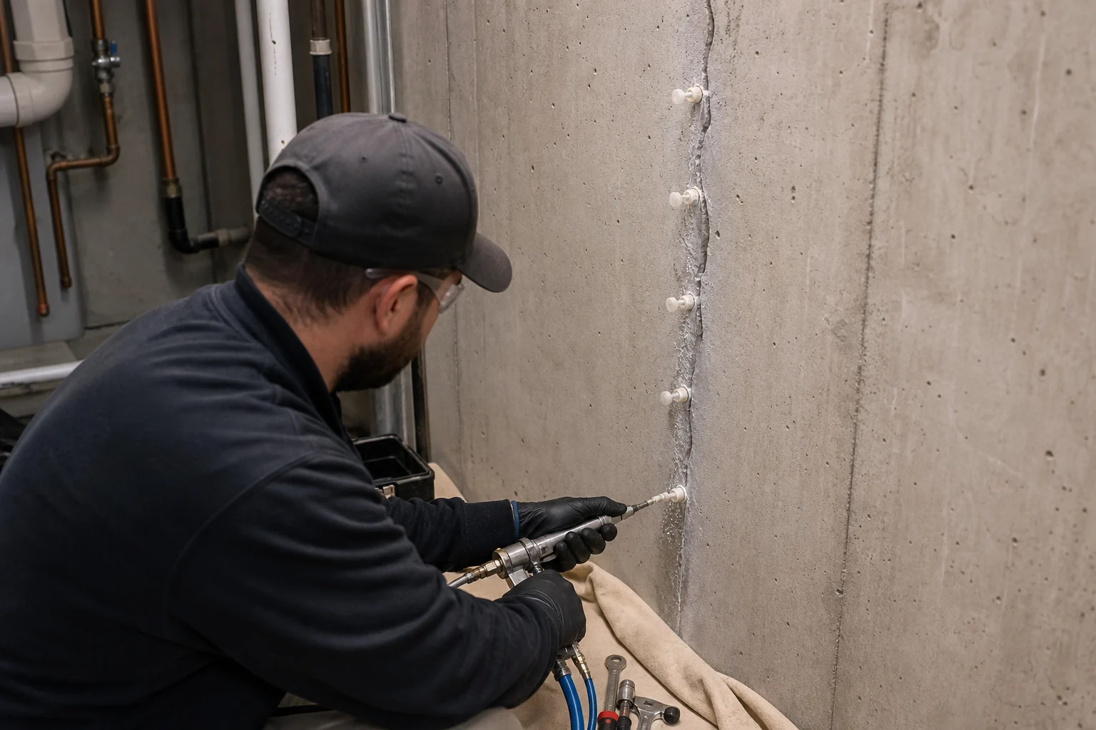 Technician using injection ports to repair a crack in a concrete foundation wall