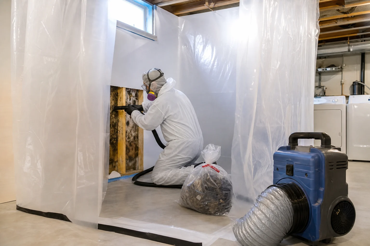 Technician working inside a basement mould-remediation containment area