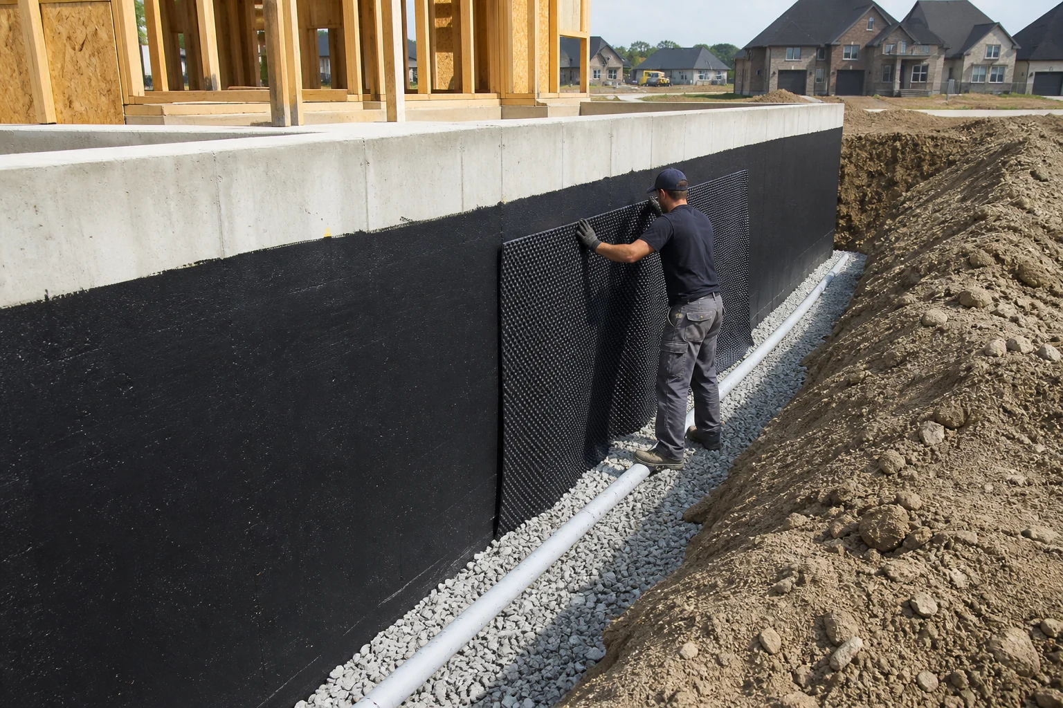 Waterproofing membrane and footing drainage on a new residential foundation