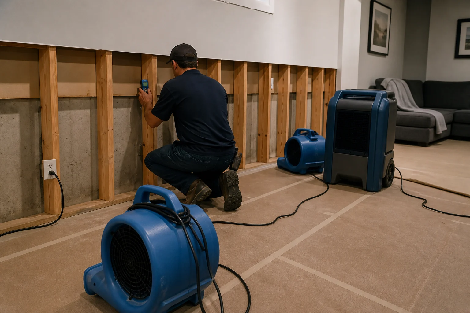 Technician checking wall framing during basement water-damage restoration